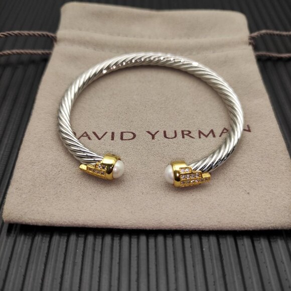 David Yurman 5mm Gold Head Silver 5 Row Diamond Bangle. pearl